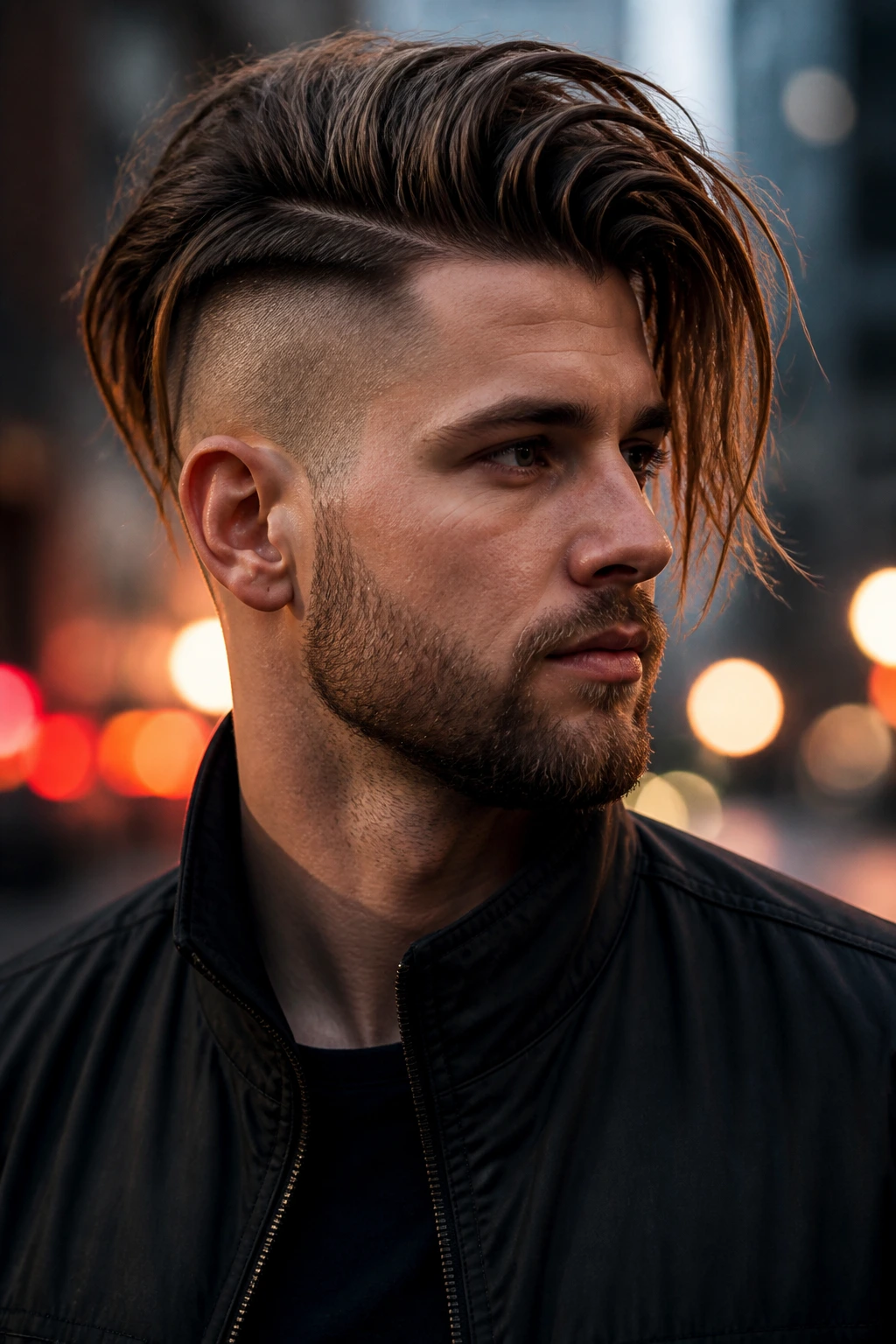 Portrait of a man with long top and disconnected sides in an urban dusk setting