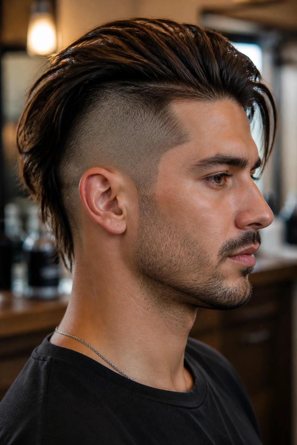 Close-up of a real man with long top and short sides undercut in a salon