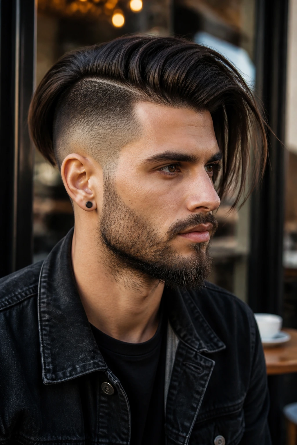 Man with long undercut hairstyle in urban setting