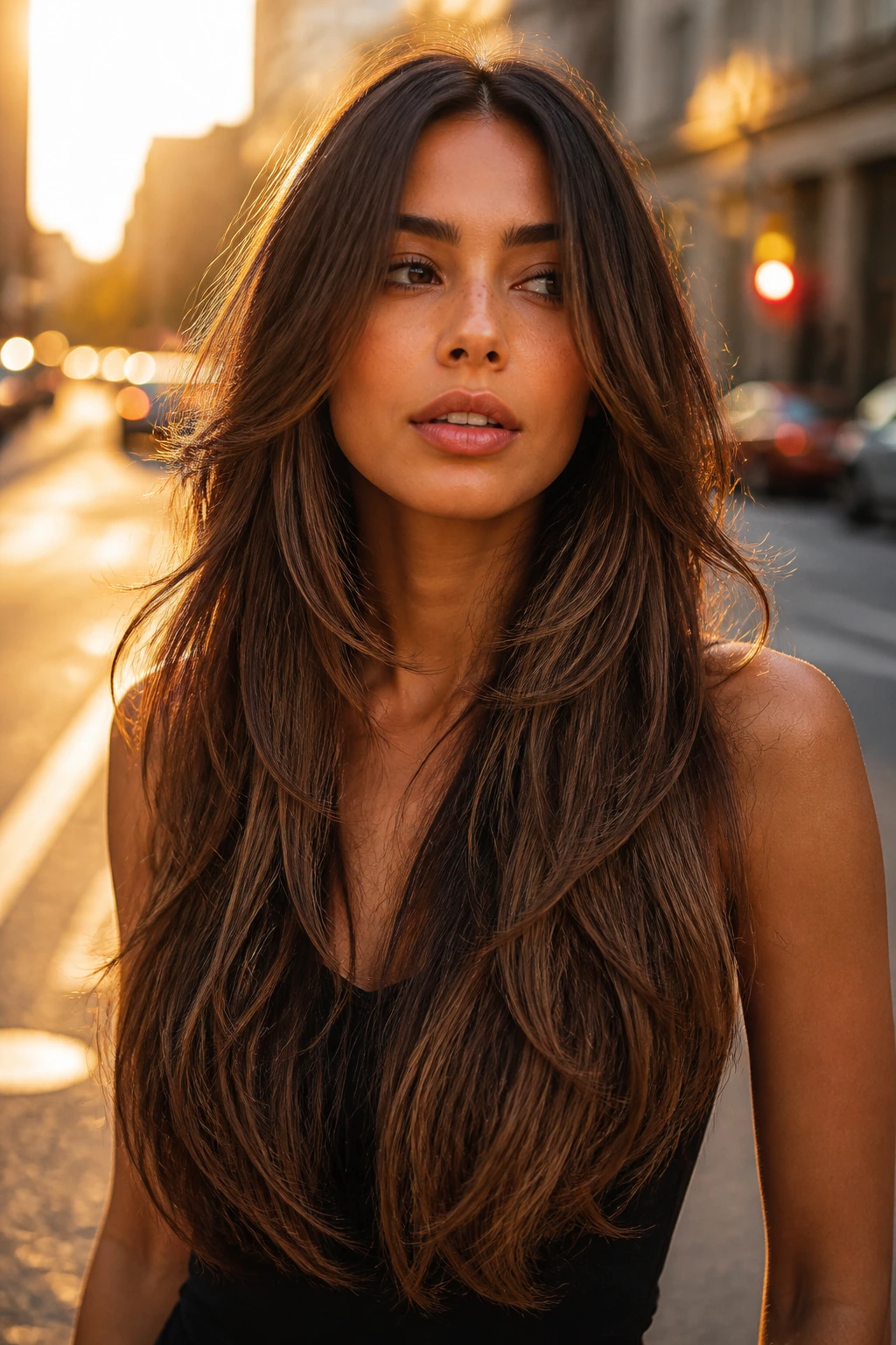 Close-up portrait of a real woman with long V-cut layers