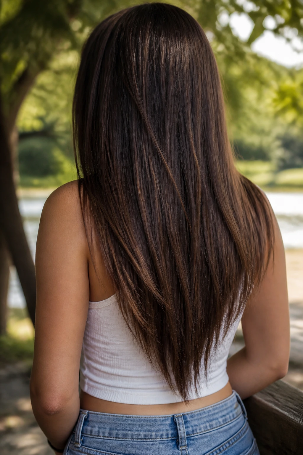 Close-up of a real woman's head showing long V-cut with scattered ends in outdoor park light