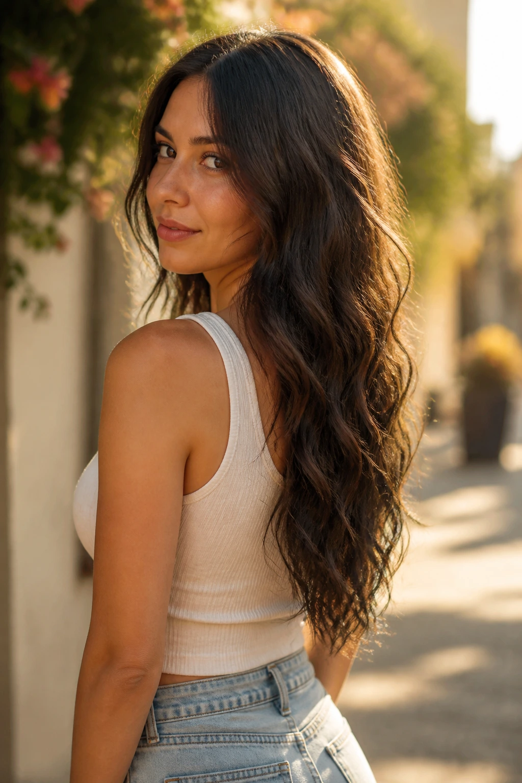 Portrait of a woman with long V-cut waves showing a V at the back