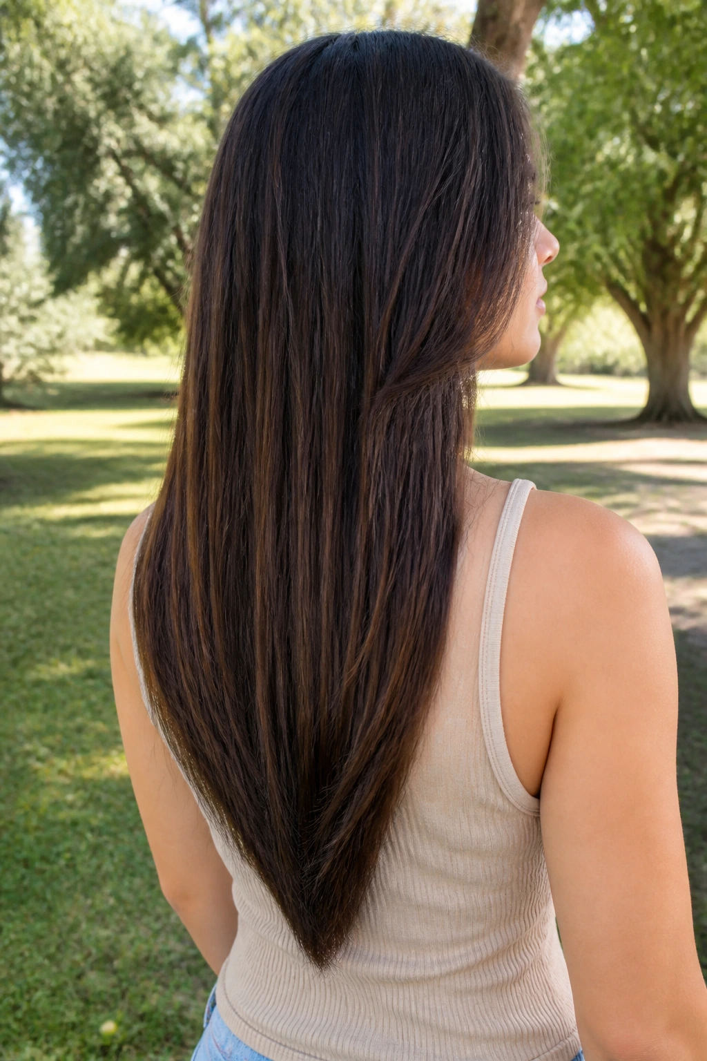Rear three-quarter view of long V-shaped hair in park light