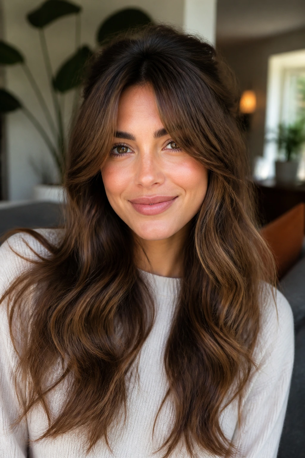 Close-up portrait showing long-wave curtain bangs with crown volume.