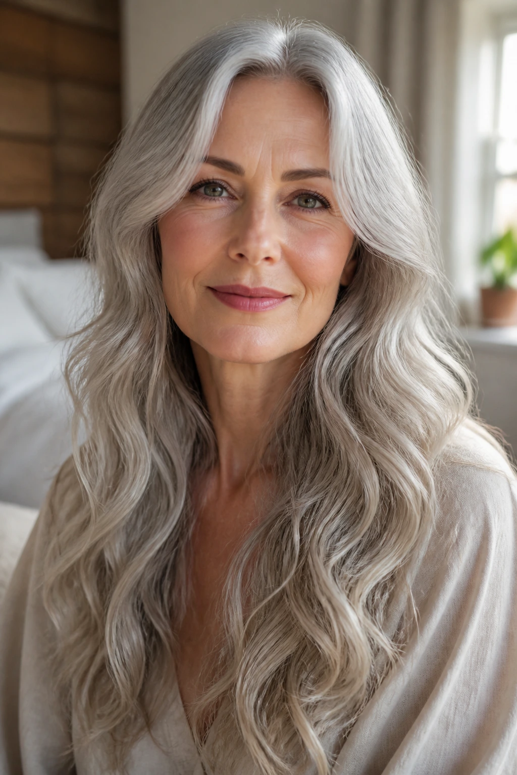 Close-up of an older woman with long, silver-gray waves showing the long wave shape