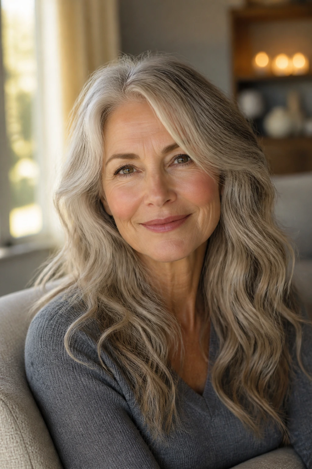 Close-up of an older woman with long, soft waves framing her face.