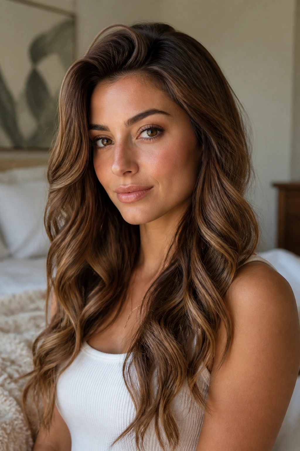 Portrait of a person with long waves and visible crown volume to prevent flattening
