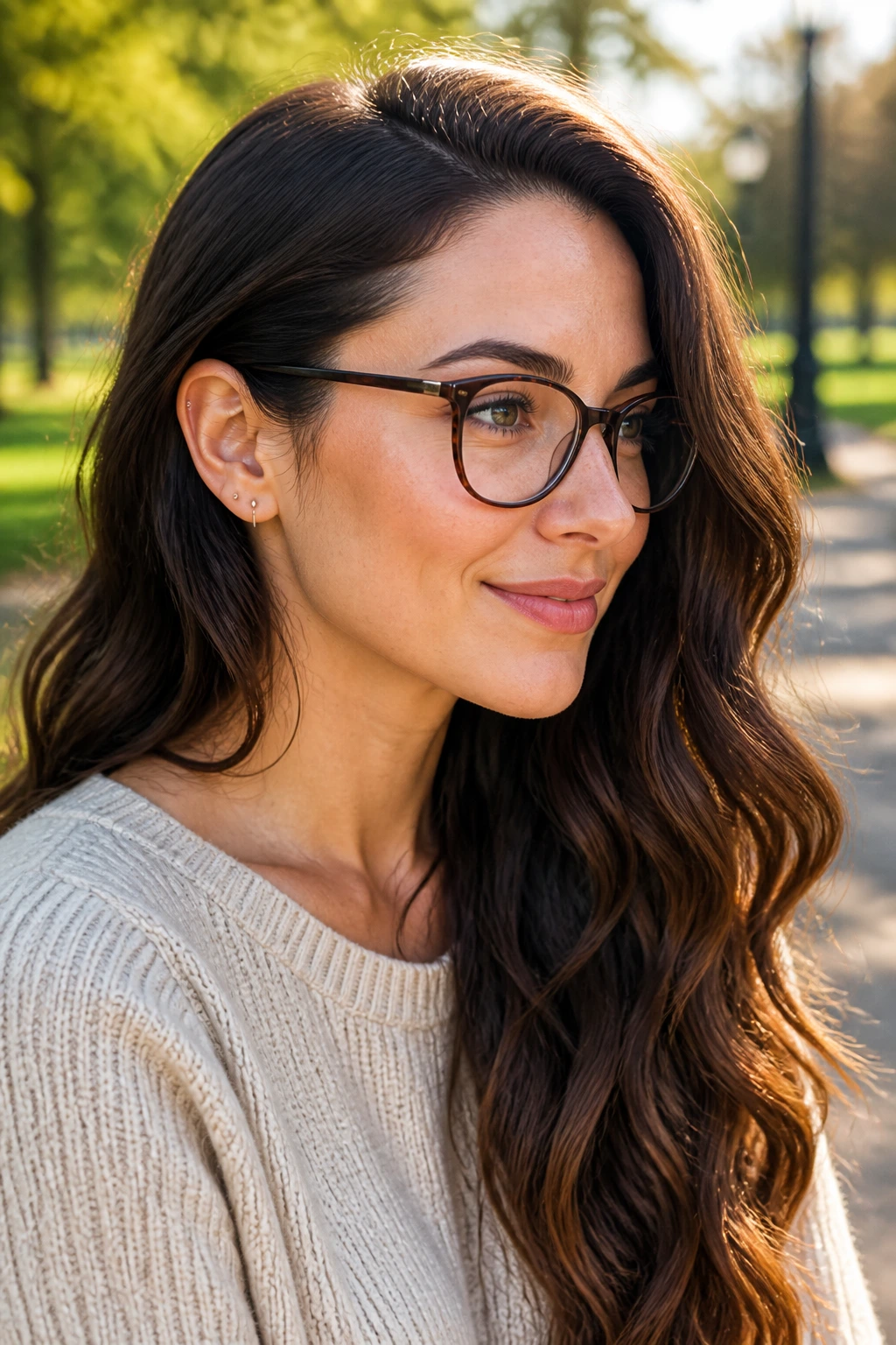 Real woman with long waves and an ear tuck, sunlit outdoor setting.