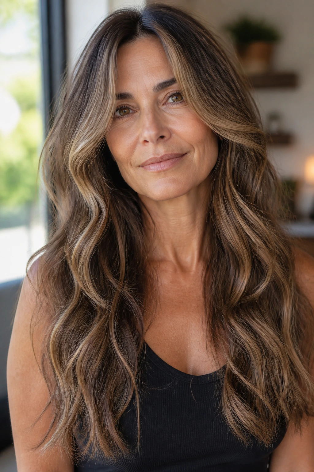 Portrait of a real woman with long hair and face-framing waves