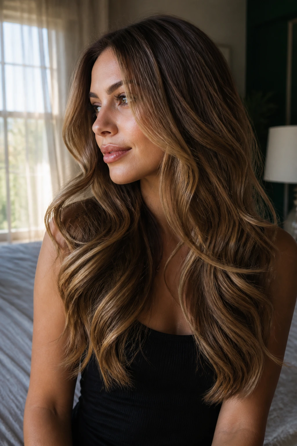 Close-up of a woman with long invisible-layer waves