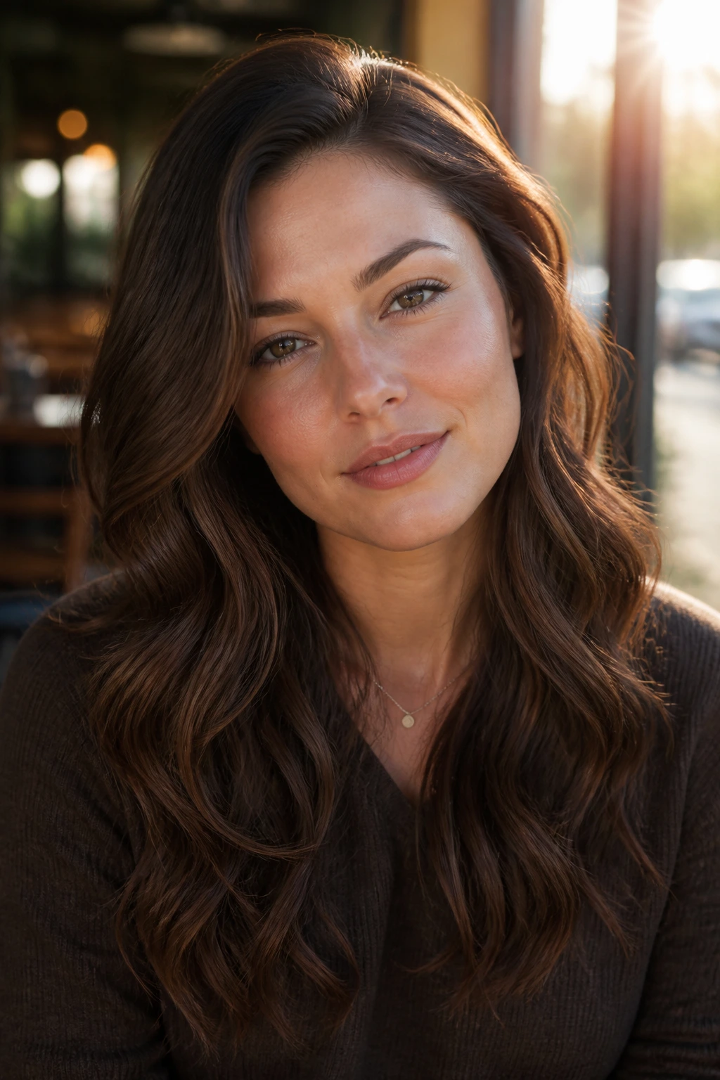 Close-up of a real woman with long loose waves and a mid-side part