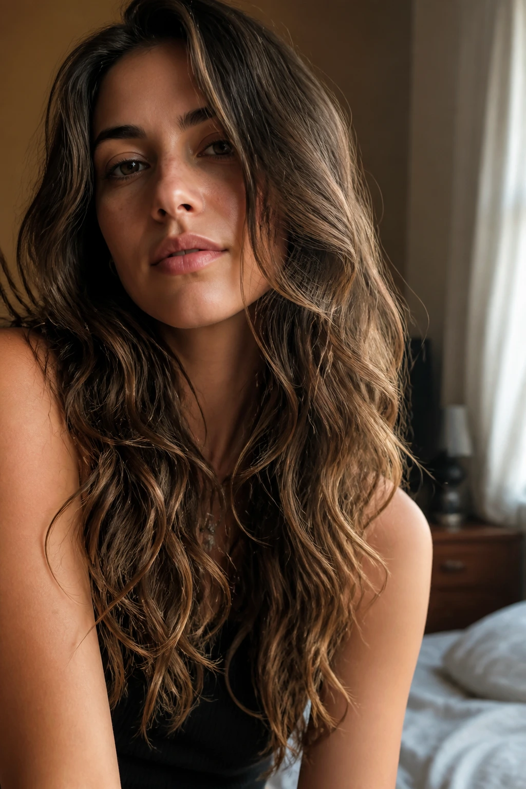 Close-up of a real woman with long, defined waves in natural light