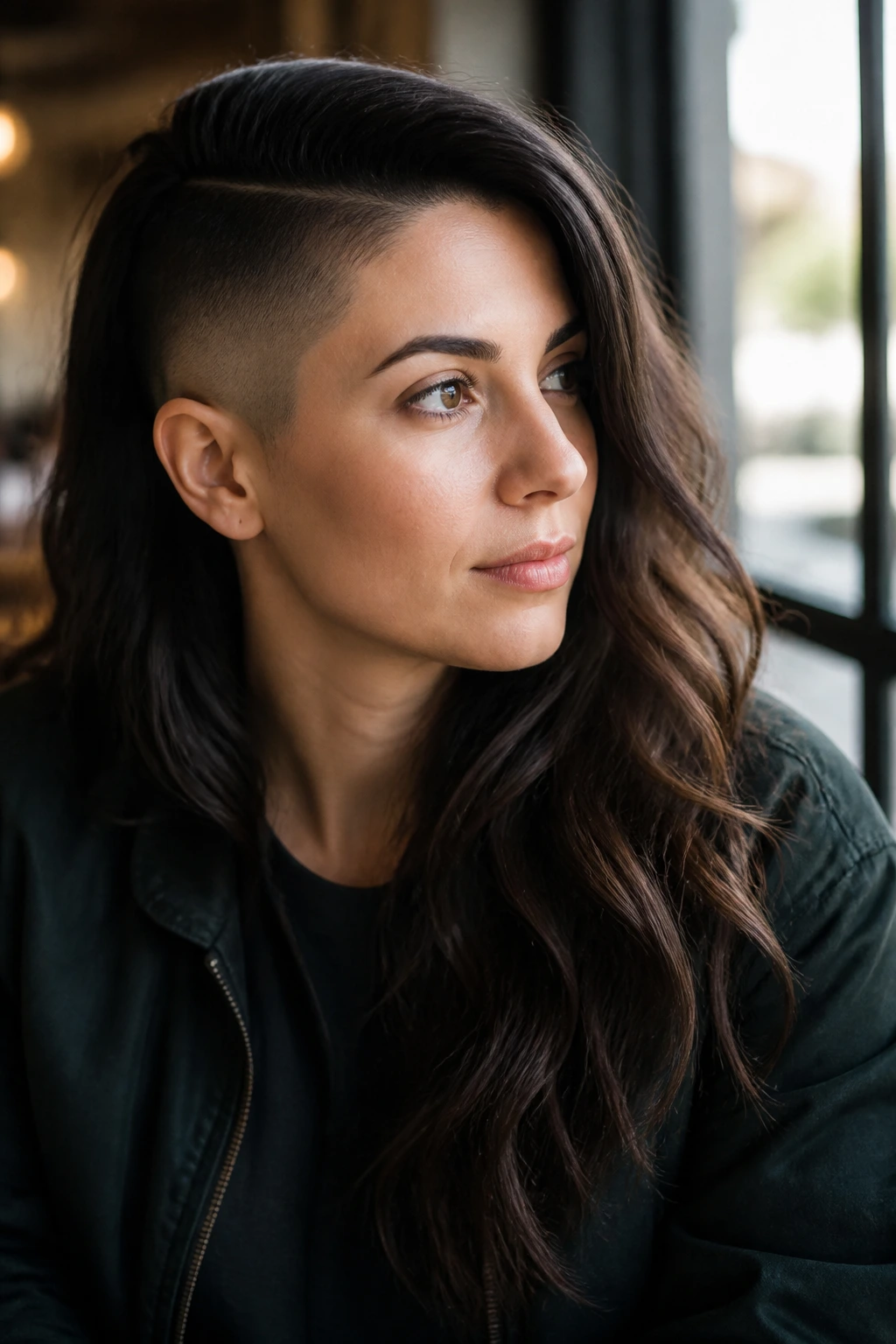 Portrait of a real woman with long waves and temple fade on the side.