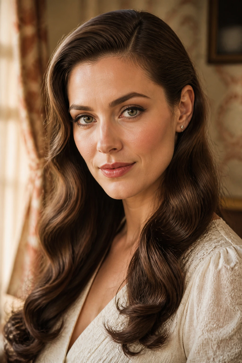Close-up of a real woman with tucked-behind-ear long waves in a vintage style