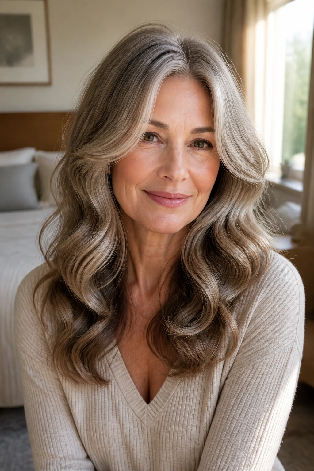 Close-up portrait of a real woman with long, fresh-looking waves.