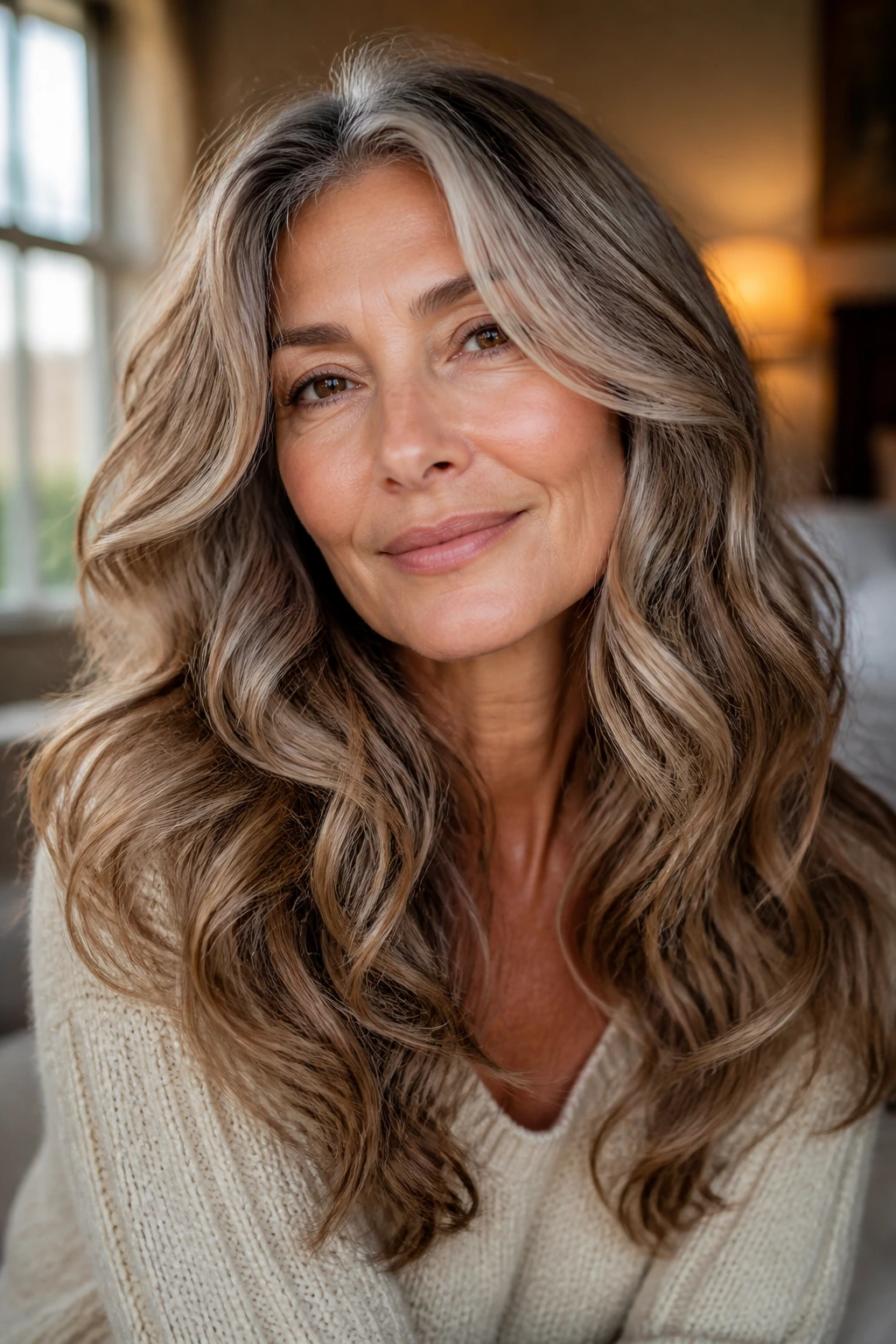 Close-up of a real woman with long, weighted-end waves and soft face-framing layers in natural window light
