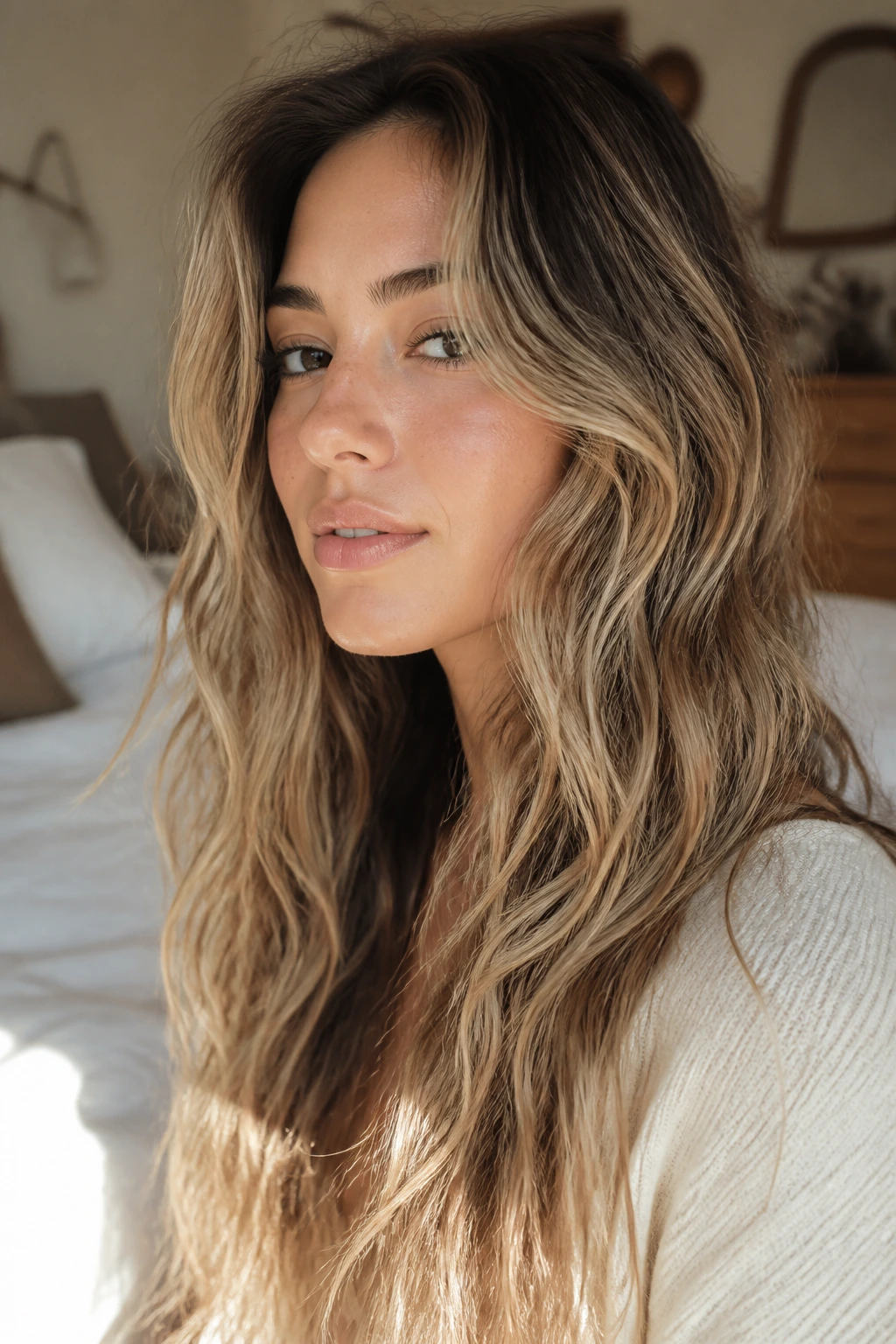 Close-up of a real person with long, loose beach-wave hair in natural light