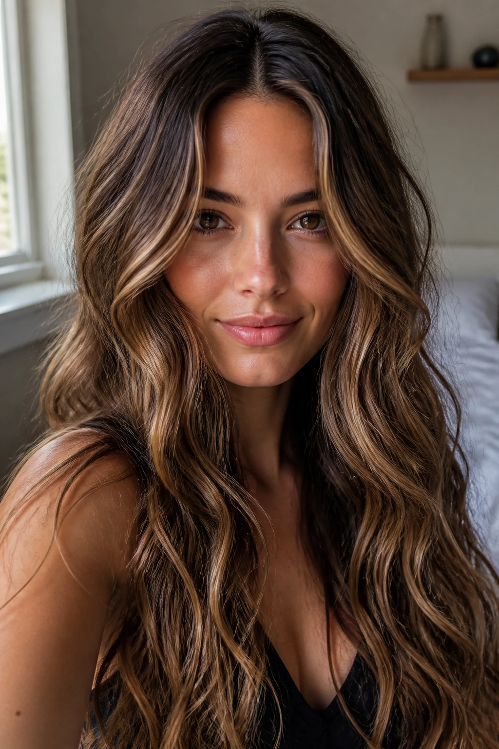 Close-up of a real woman with long wavy hair, polished center part in warm bedroom light