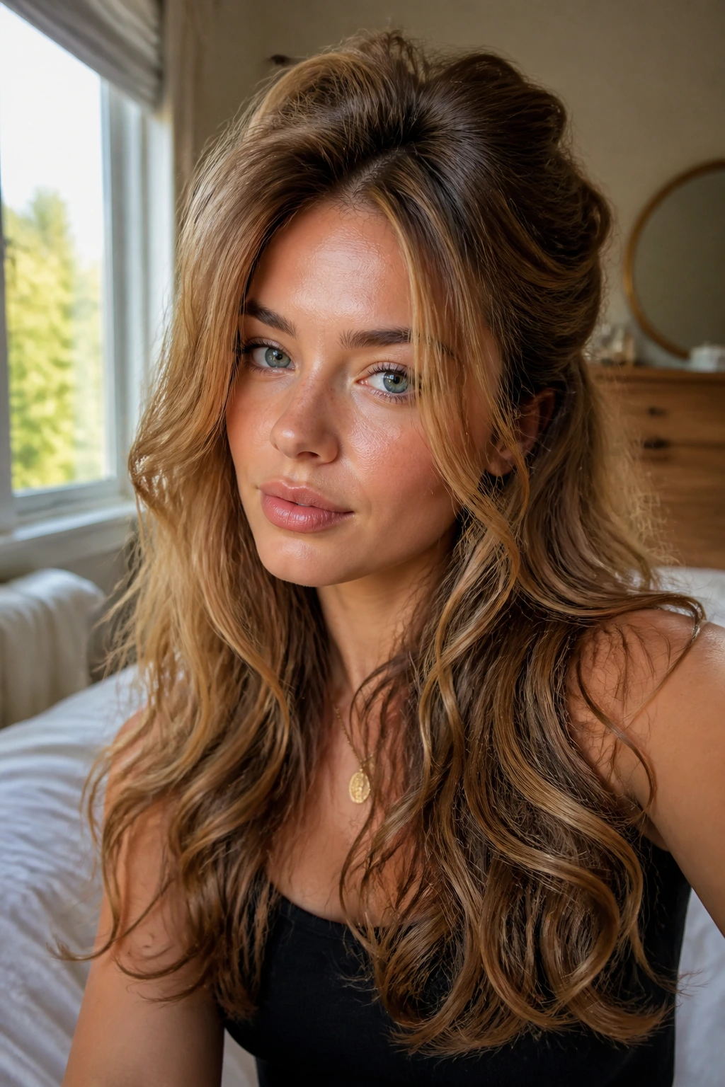 Close-up of a woman with long wavy hair and crown lift