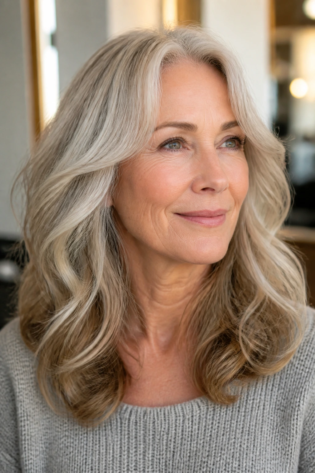 Portrait of a real woman showing layered long waves and soft finish.