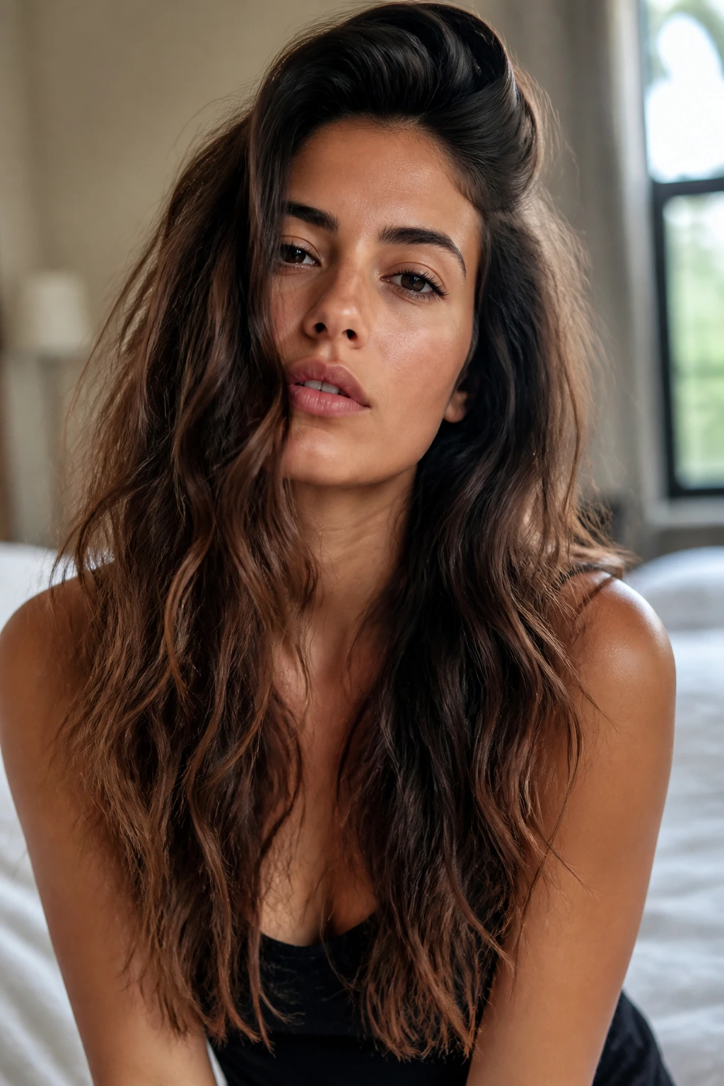 Close-up of a real person with long wavy hair showing dry ends and lifted crown
