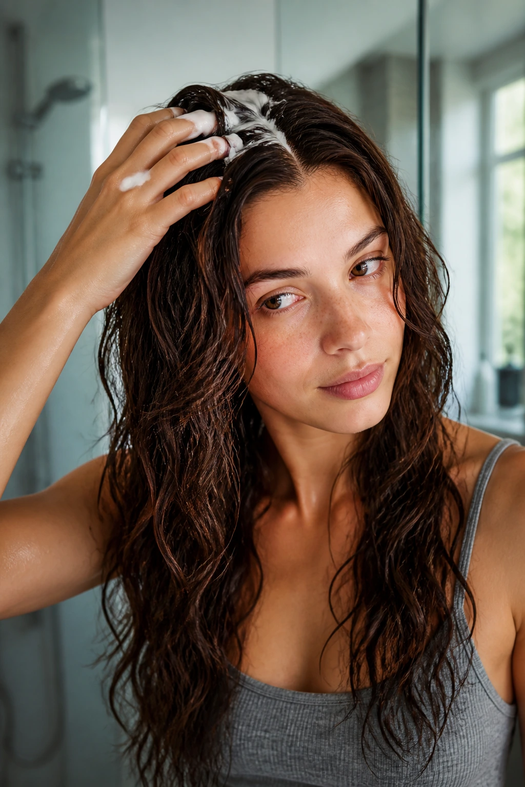 Close-up of damp long wavy hair with mousse at roots during prep
