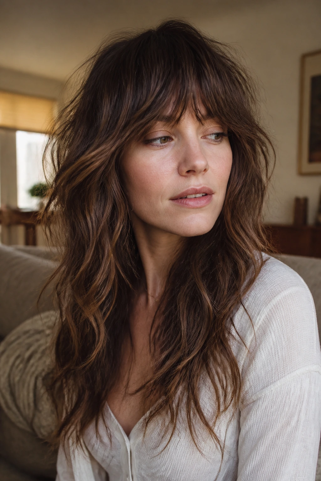Close-up of a real woman with a long wavy shag and bangs in warm window light