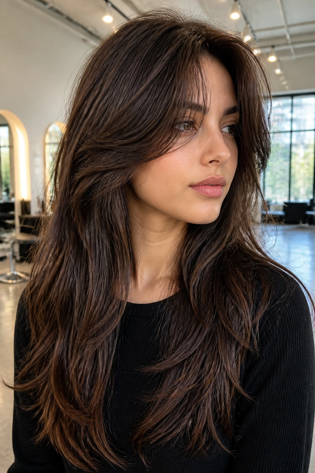 Close-up portrait of a real woman with long wolf cut and soft curtain bangs