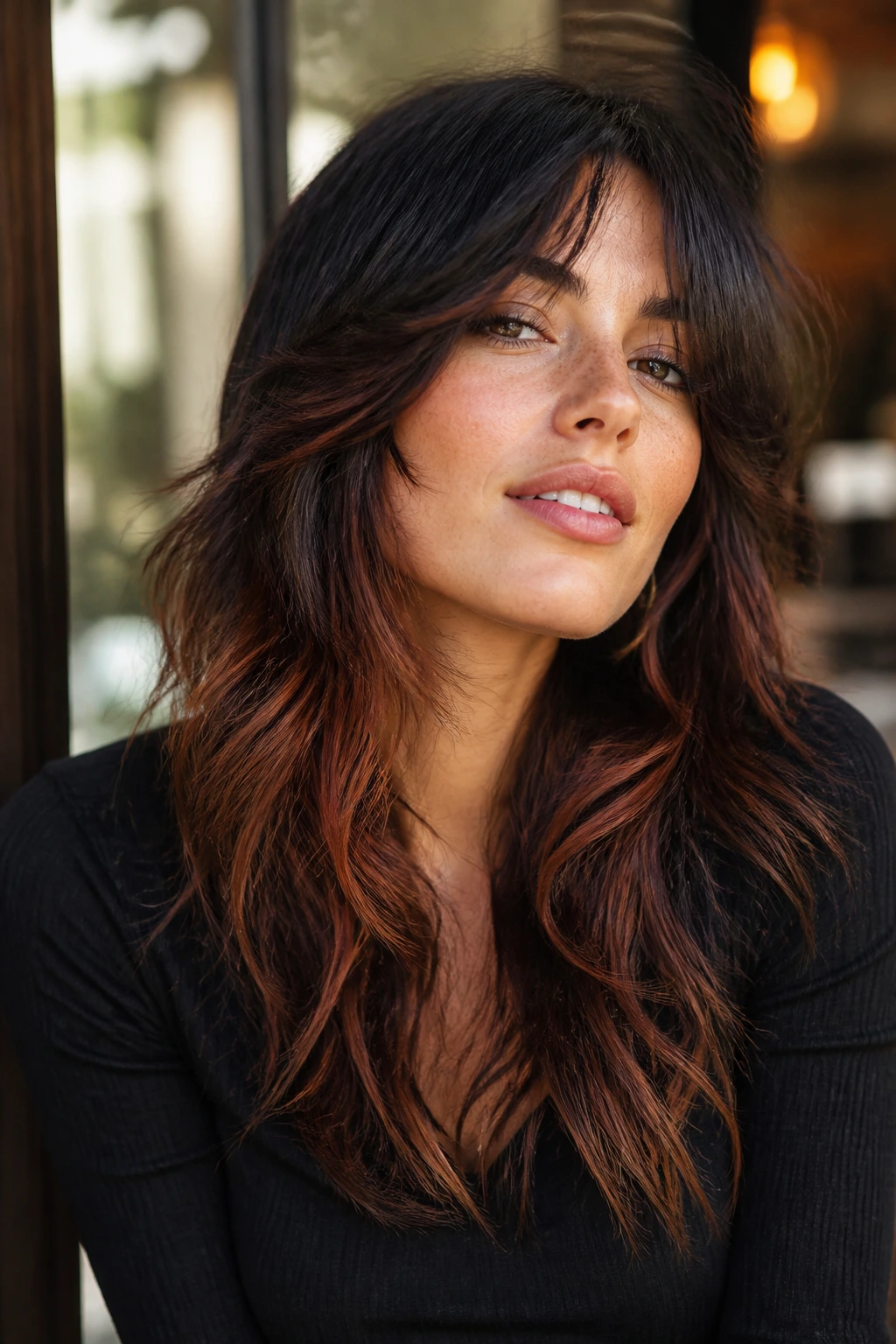 Close-up portrait of real woman with long wolf cut cinnamon peekaboo highlights under warm sunlight