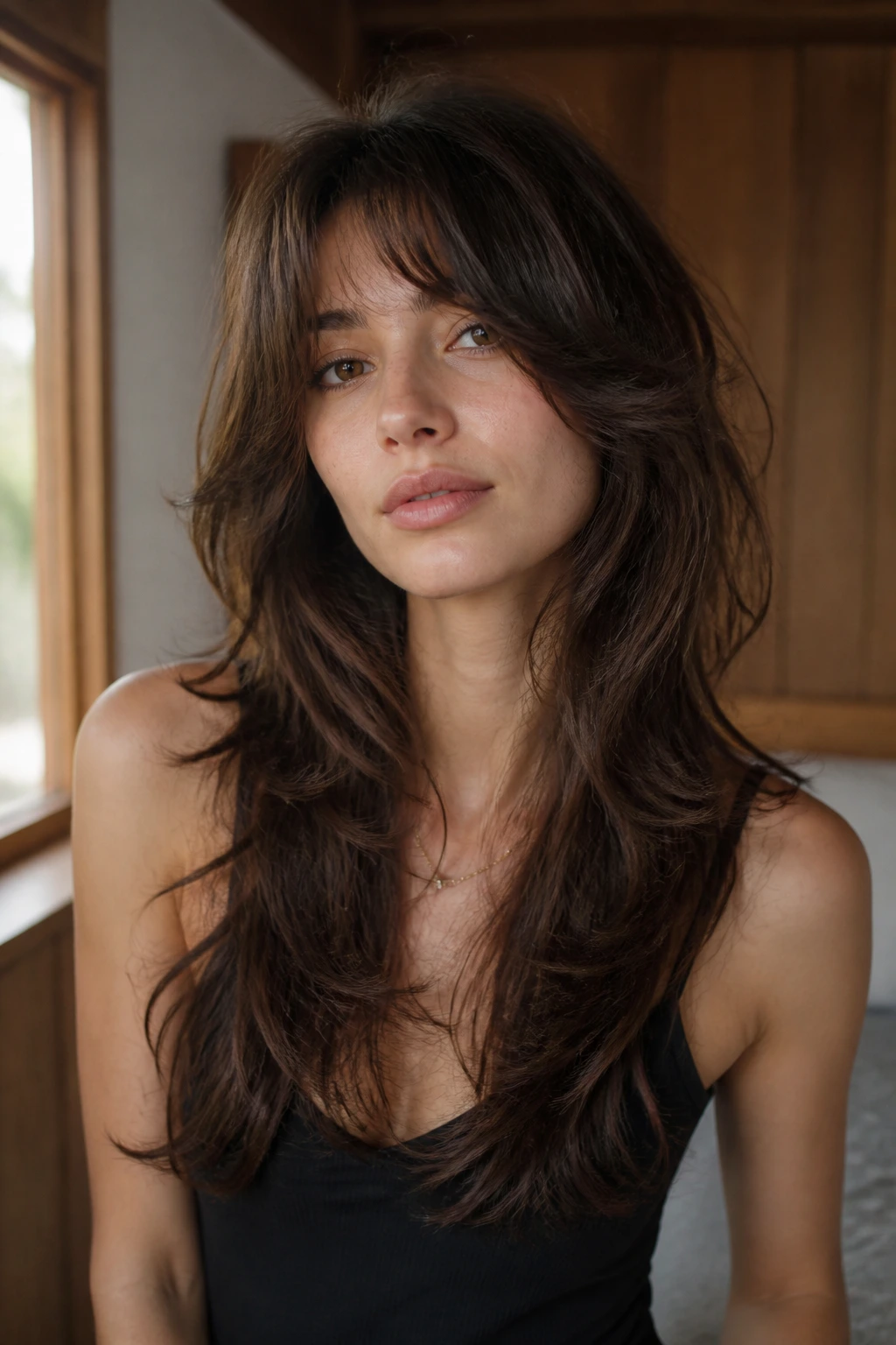 Portrait of a real person with long wolf cut featuring feathered ends