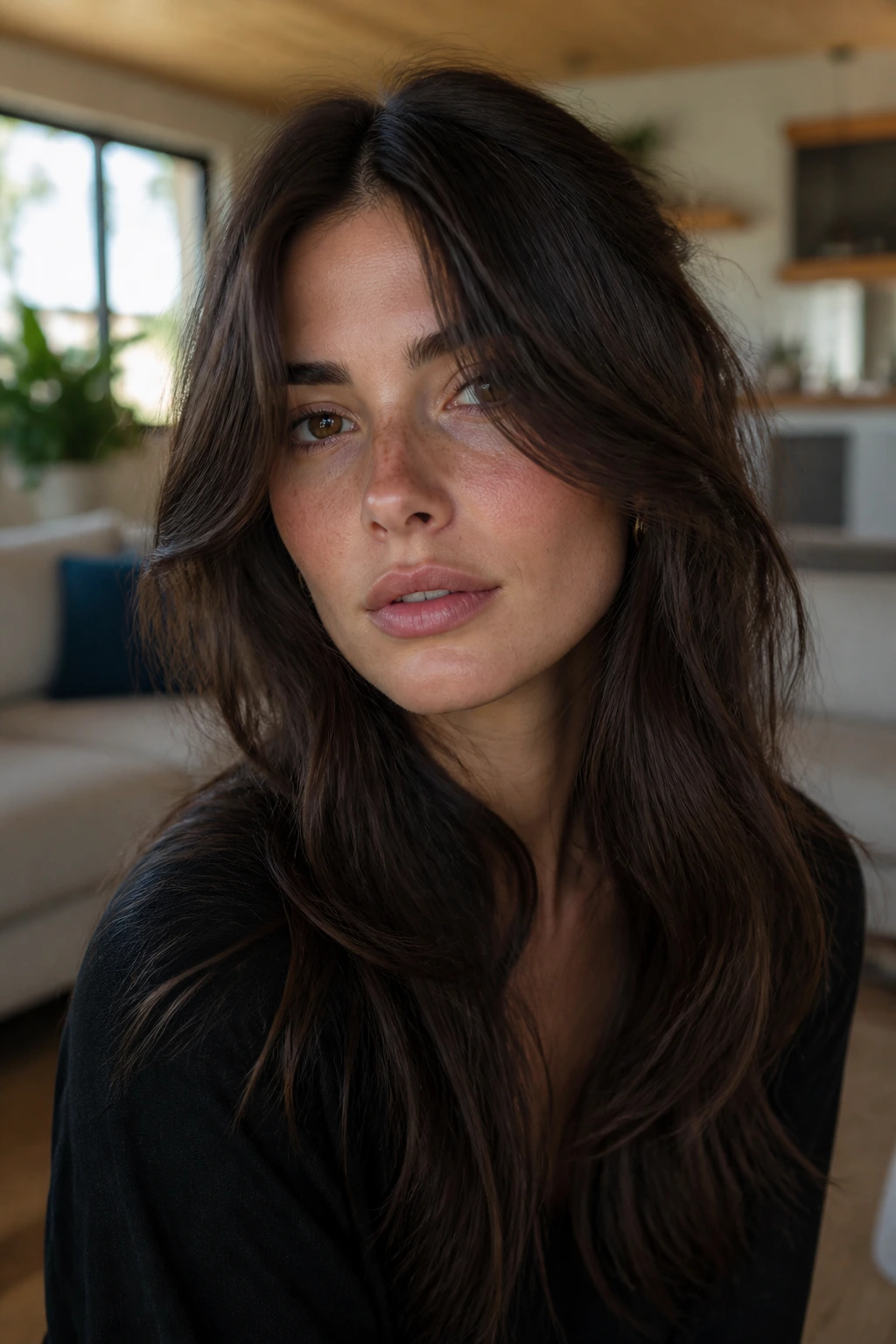 Close-up of real person with long wolf cut and heavy center part in living room