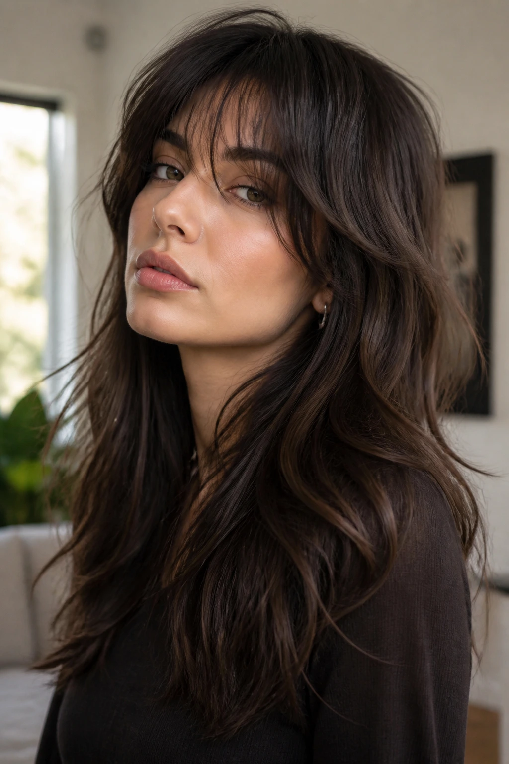Portrait of a person with a long wolf cut showing subtle internal layers