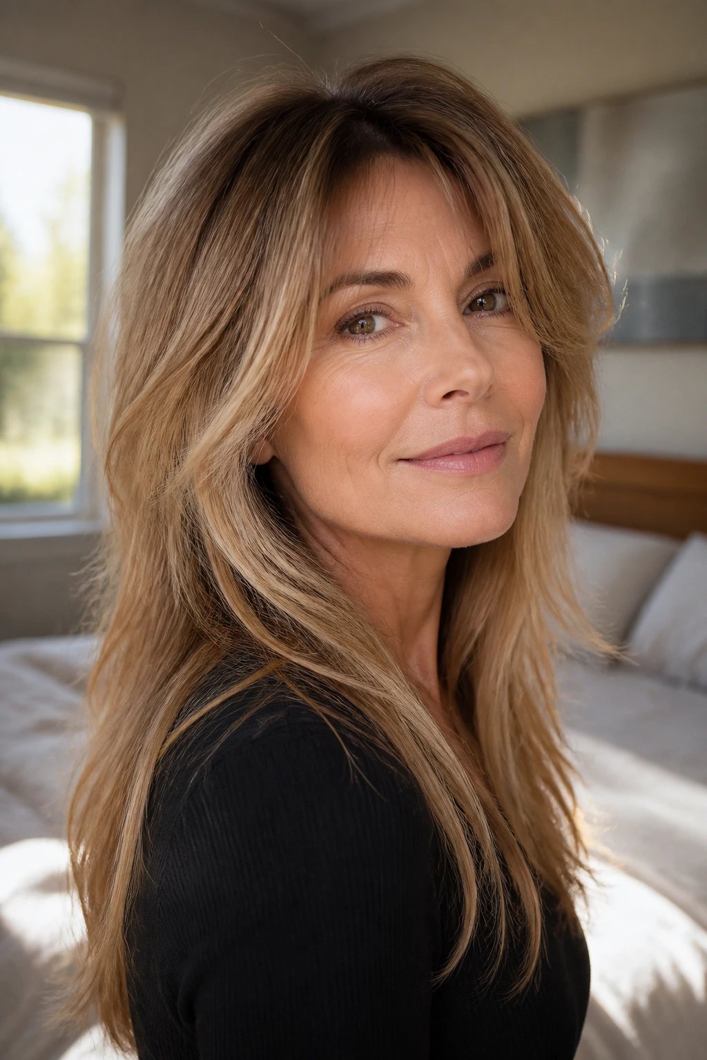 Close-up portrait of a real woman with a long wolf cut showing hidden layers in soft waves