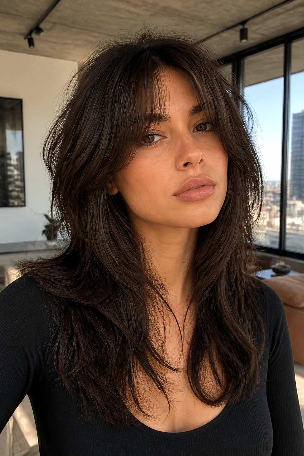Close-up portrait of a real person with a long wolf cut and soft-edged ends