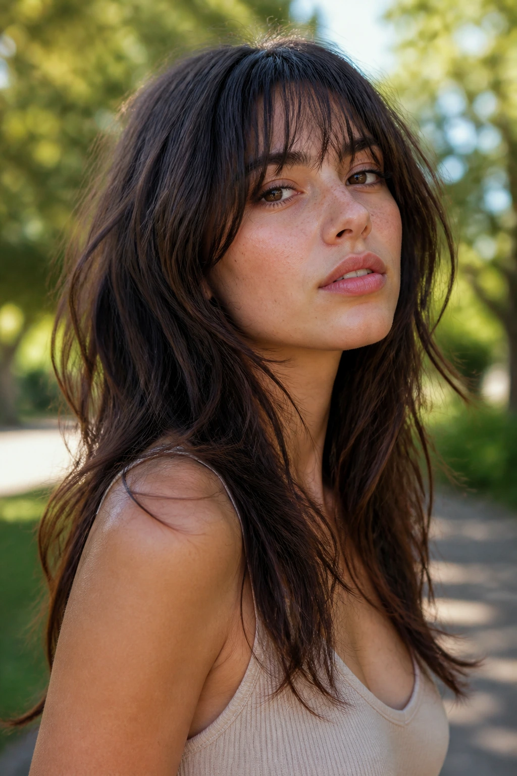 Real person with long wolf cut and wispy bangs in golden hour light