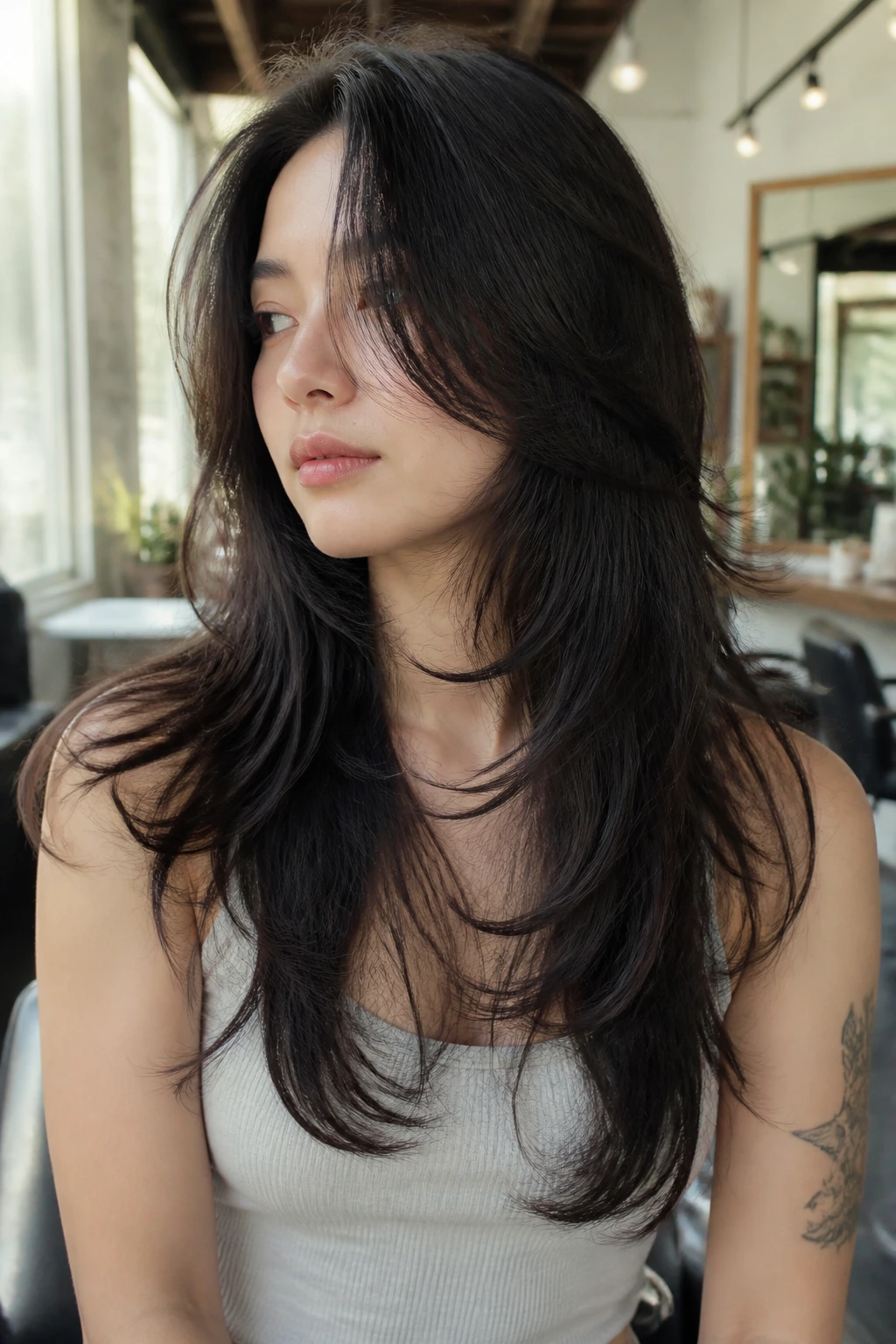Portrait of a real person with Long-Flow Wolf Layers: long hair past shoulders, crown layers lighter, face-framing around cheek.