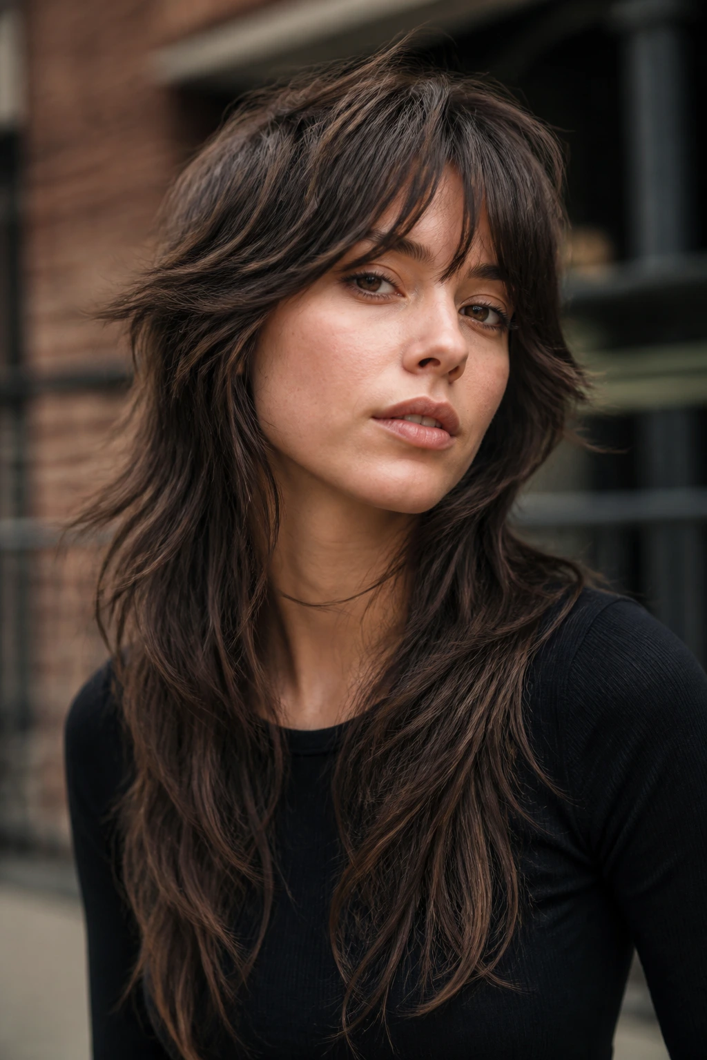 Close-up portrait of a real person with long wolf shag