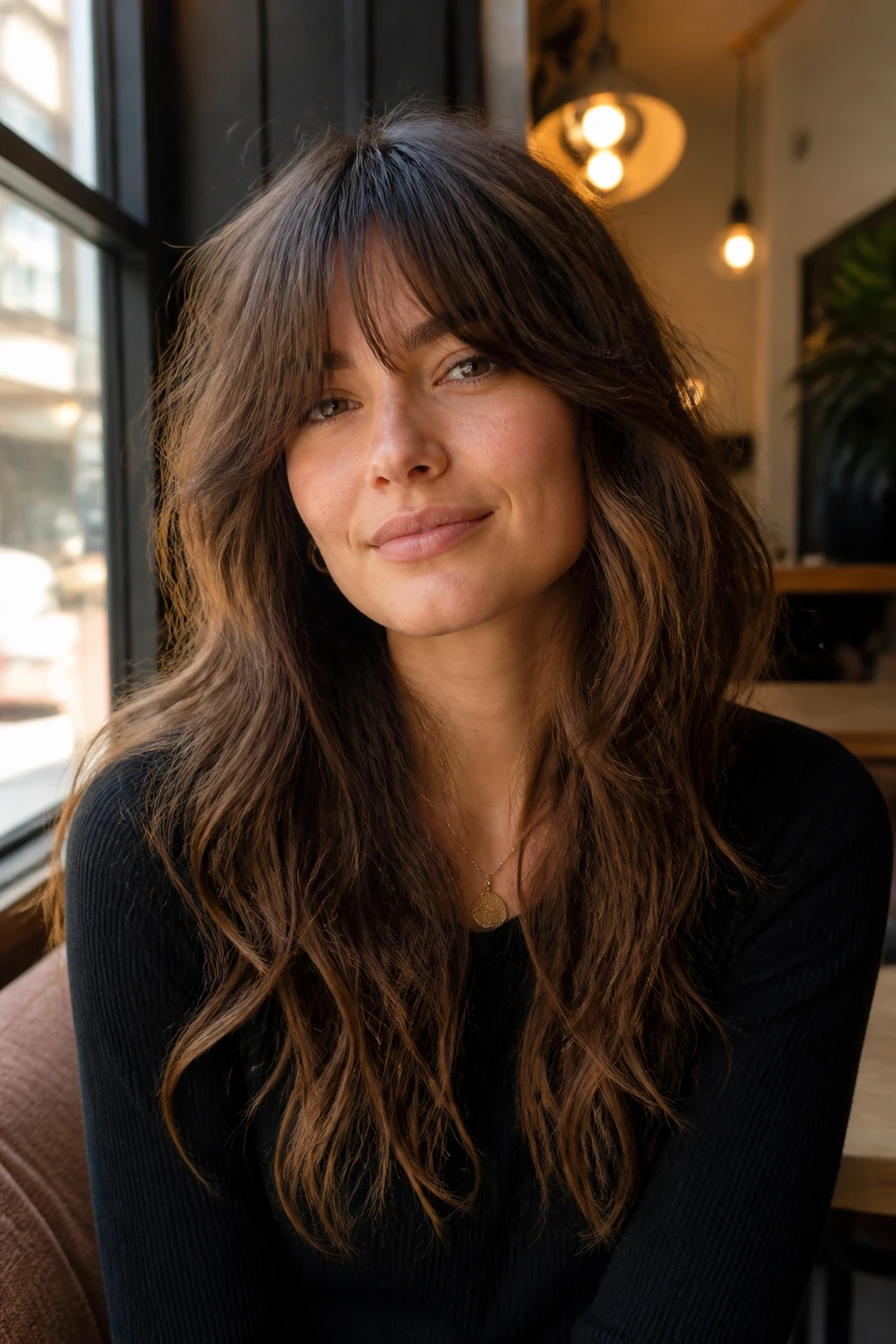 Close-up portrait of a real woman with long bangs shag in daylight at a cafe