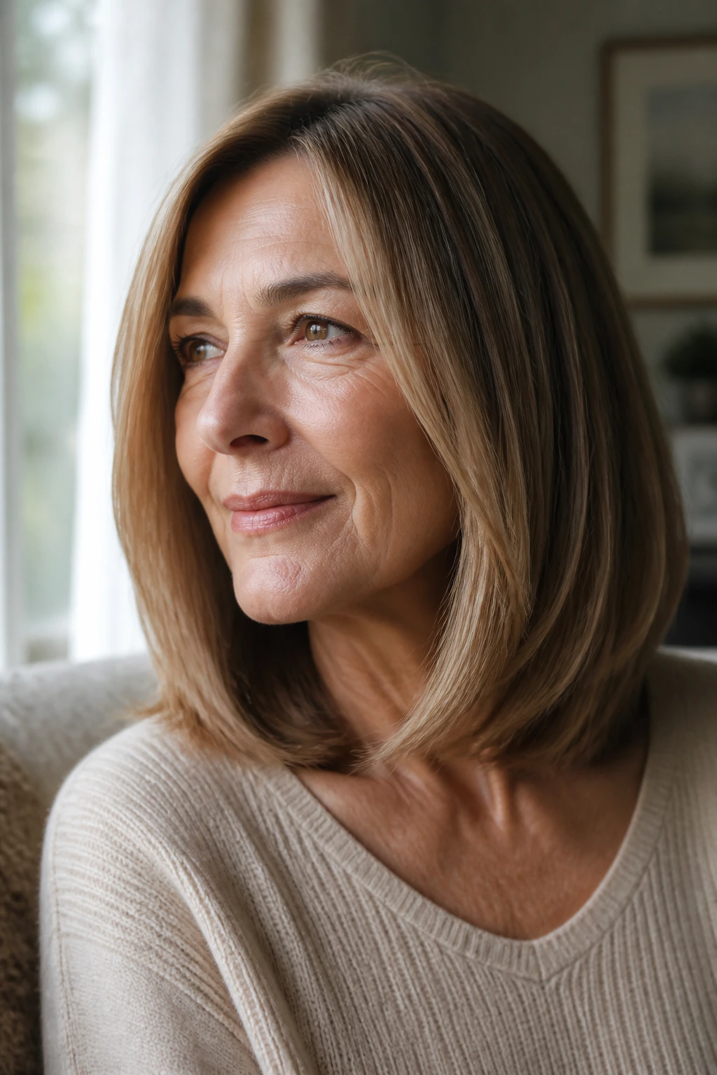 Close-up of a real woman with a long bob at collarbone length in warm natural light