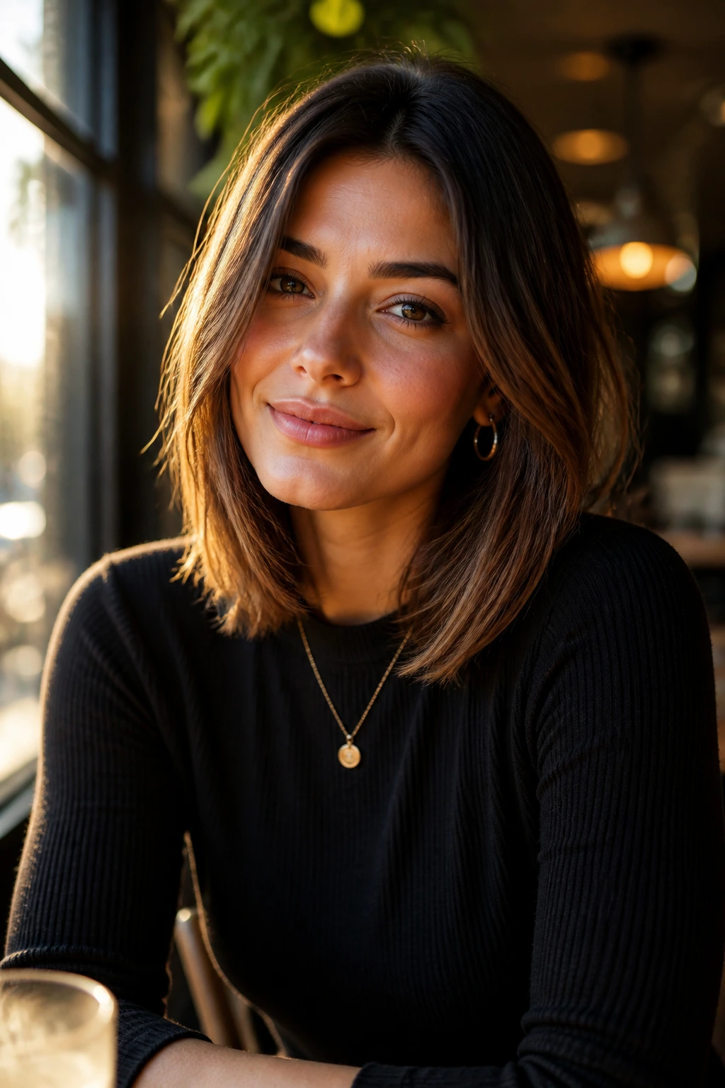 Close-up portrait of a real woman with a Longer Bob showing versatile shoulder-length style