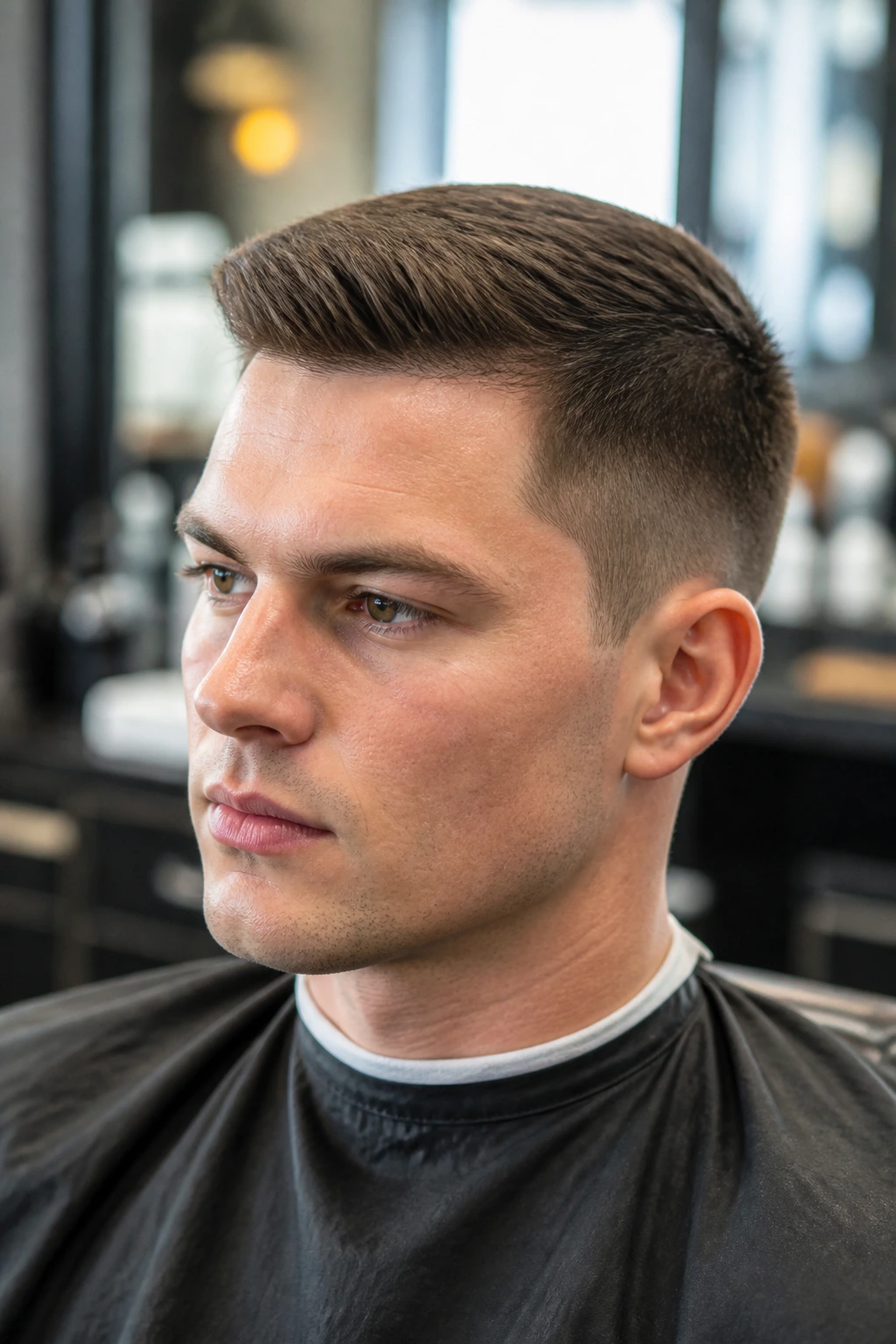 Close-up portrait of a man with a longer crew cut in a bright salon