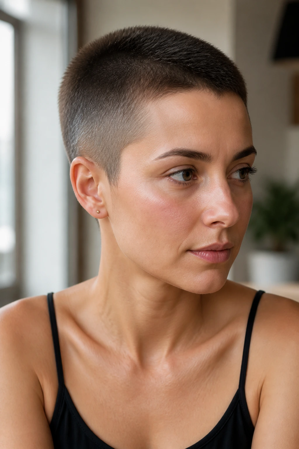 Medium close-up of a woman with longer crown buzz haircut