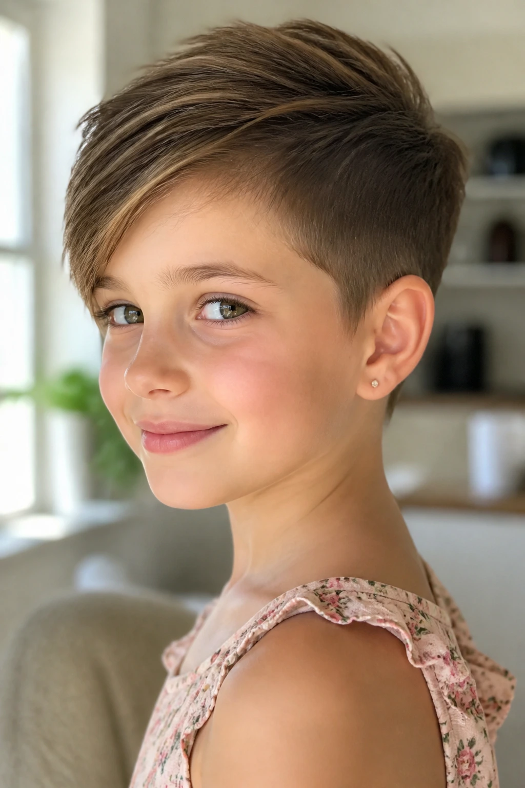 Portrait of a girl with longer crown pixie hairstyle