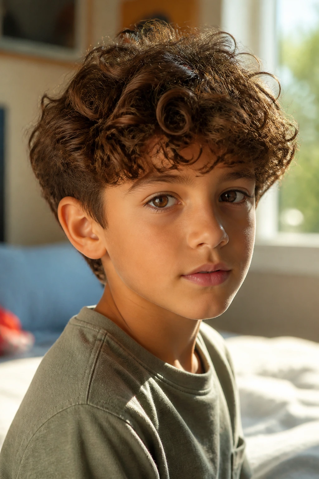 Close-up of a real boy with longer-fall curly haircut in sunlit bedroom