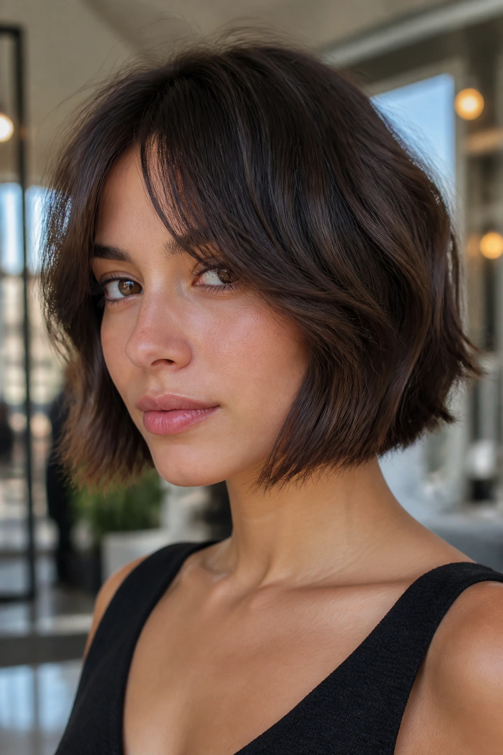 Real woman with longer fringe Italian bob in soft daylight