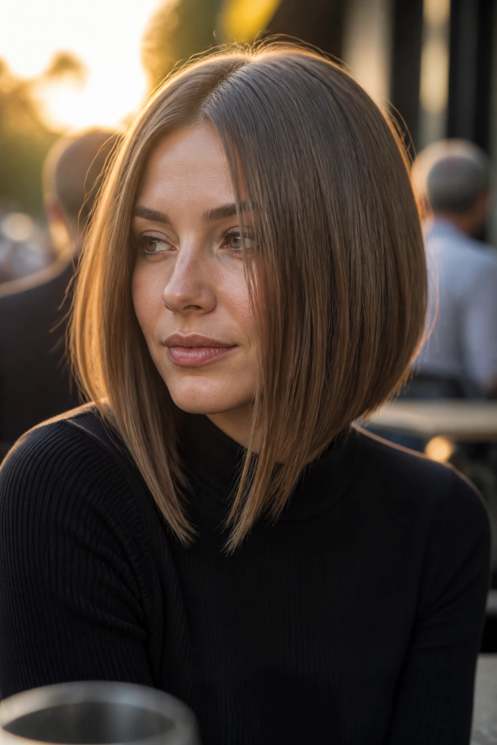 Close-up portrait of a real woman with longer front blunt bob in golden hour light