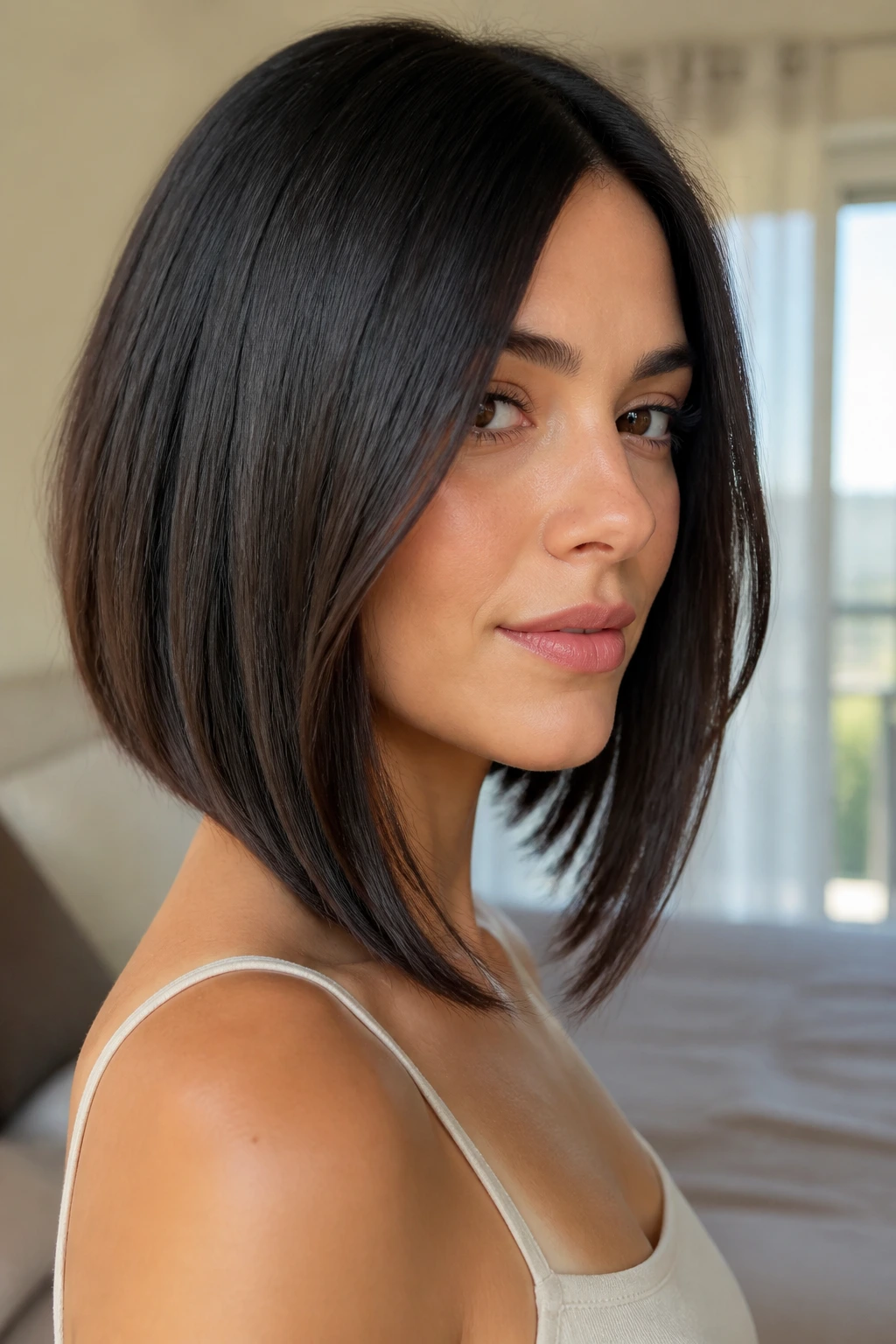 Close-up portrait of a real woman with longer-front lob face-framing front pieces