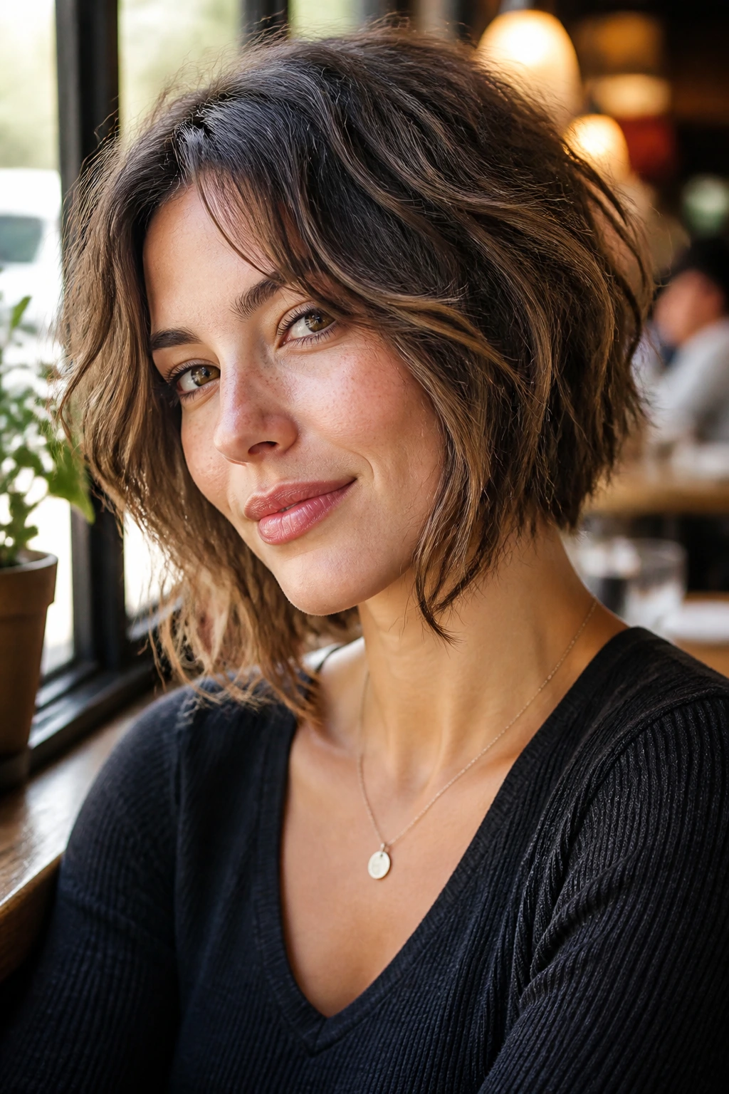 Portrait of a woman with longer-front shag bob and diagonal framing in warm light.
