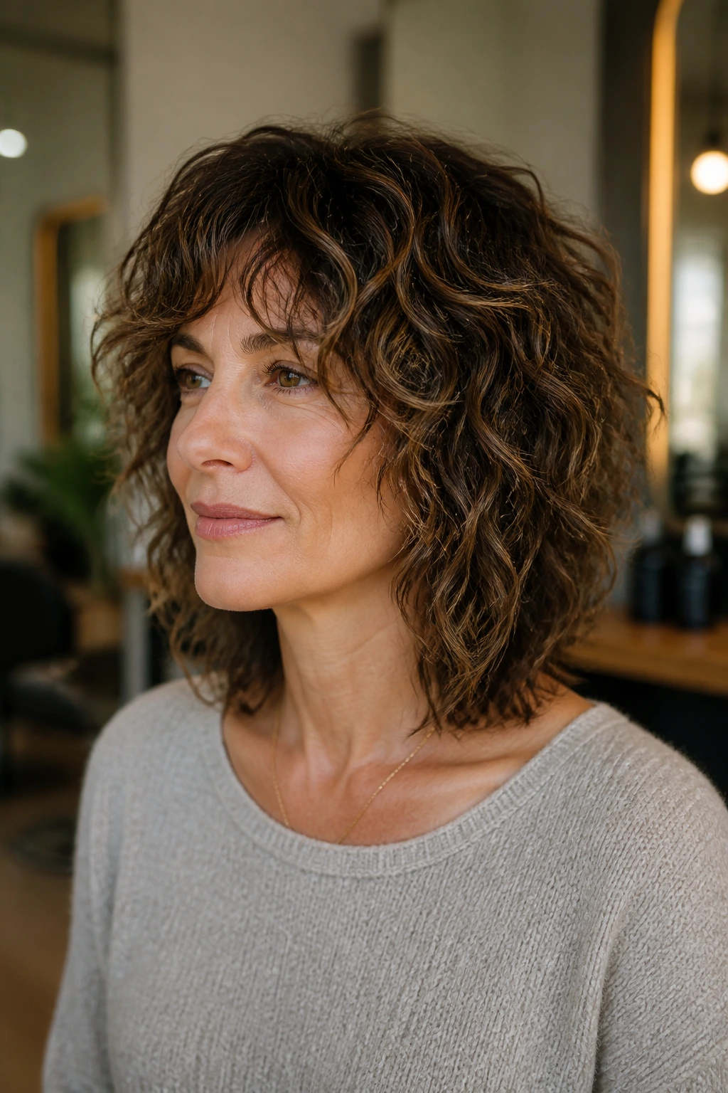 Real woman with shoulder-length longer lob showing versatile shaggy bob