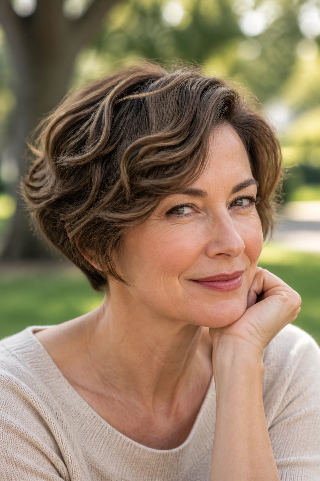Close-up of a real woman with a longer pixie bob and waves